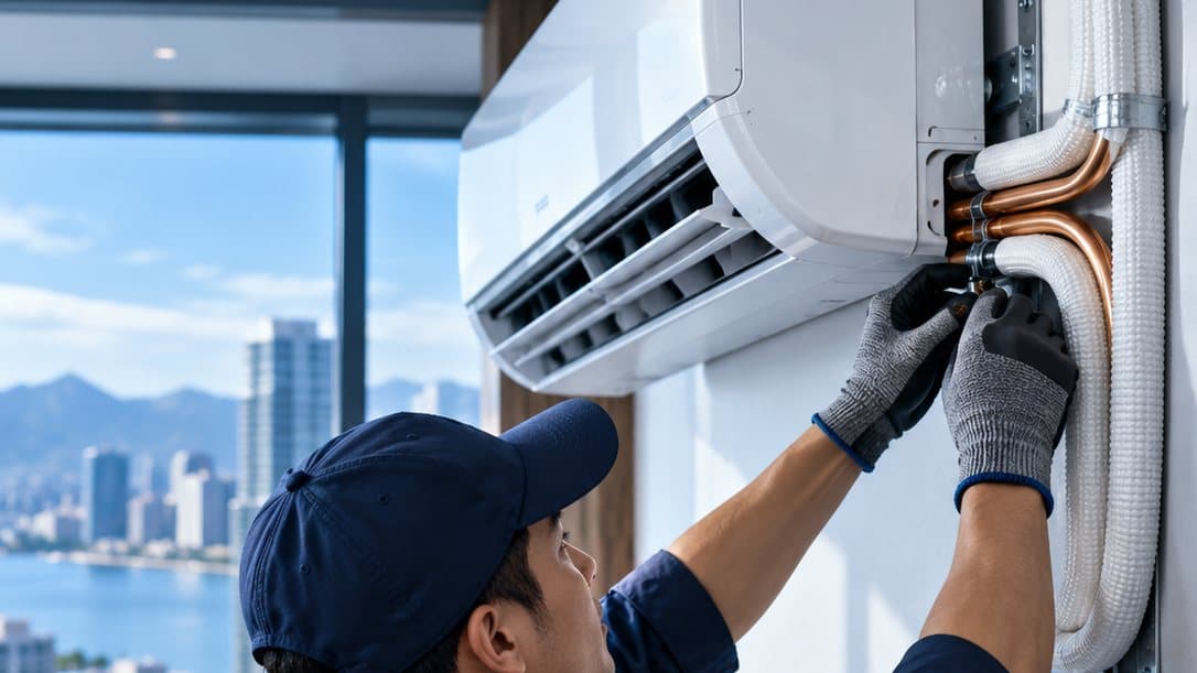 Teknisi menyambungkan pipa tembaga berinsulasi ke unit AC dalam ruangan.