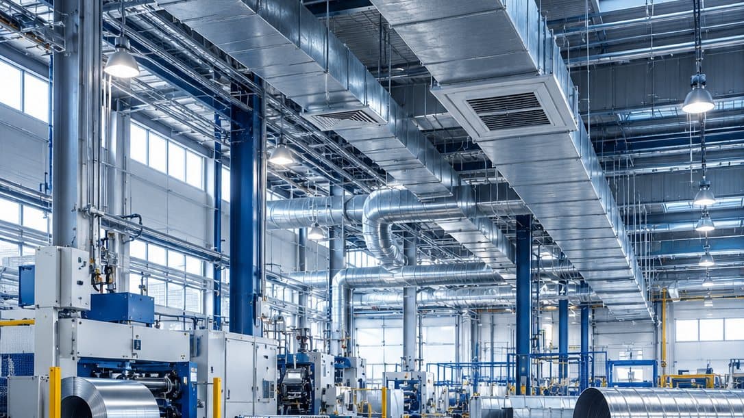 Aula pabrik dengan saluran ventilasi besar dan mesin.