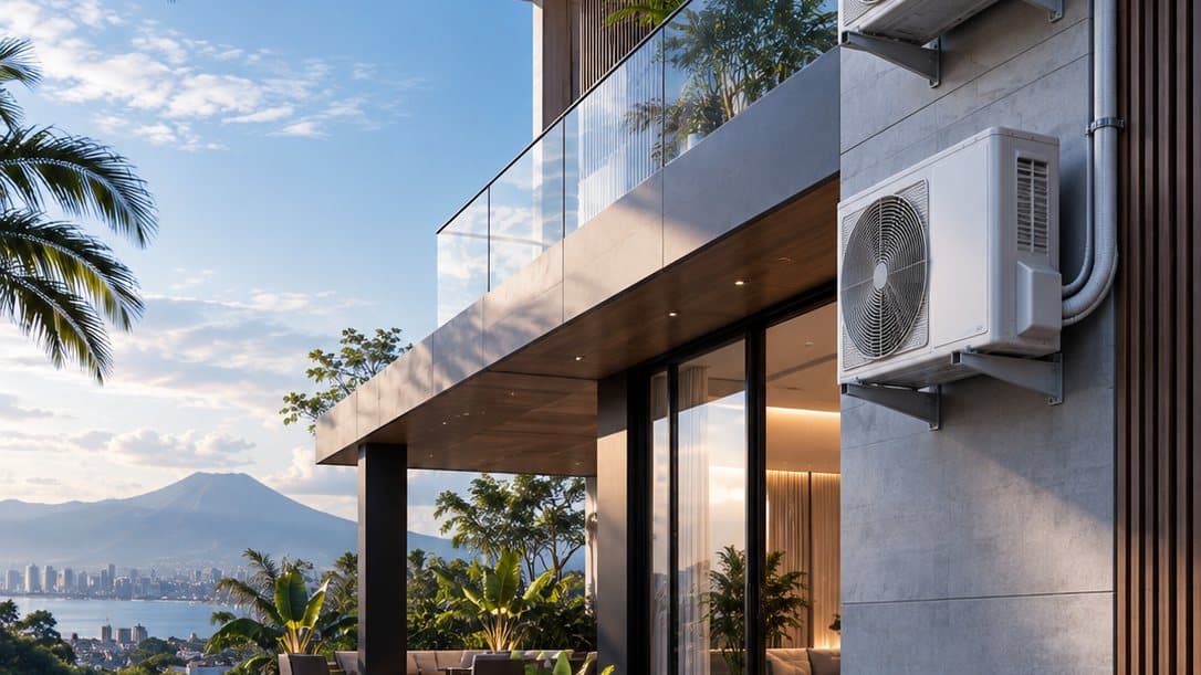 Unit AC luar ruangan di dinding rumah modern.