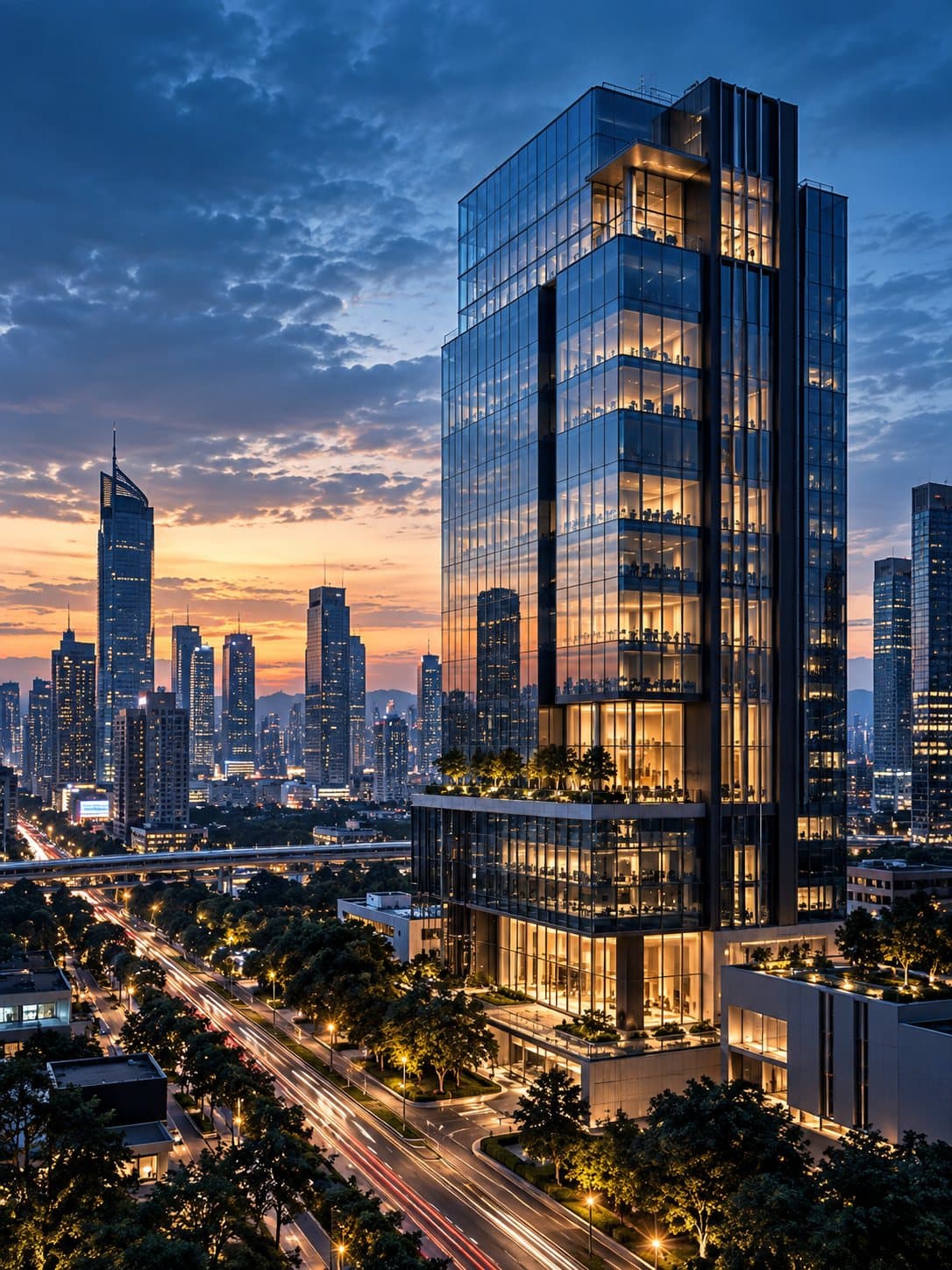 A glass office tower in a city at dusk.