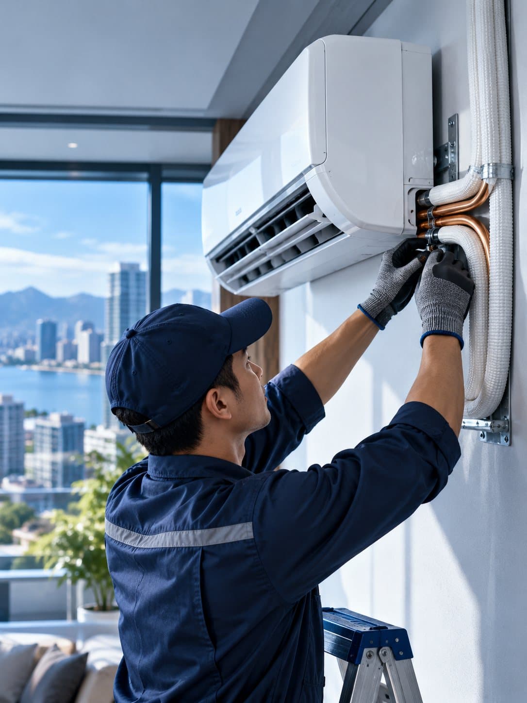 A technician connecting insulated copper pipes to an indoor AC unit.