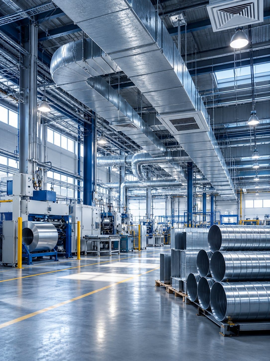 A factory hall with ventilation ducts, machines and stacked metal pipes.