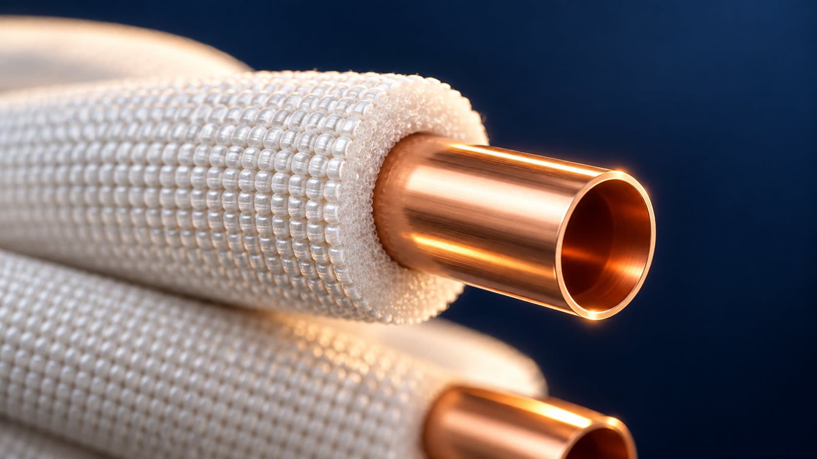 Close-up of copper pipe ends inside white insulation, against a dark blue background.