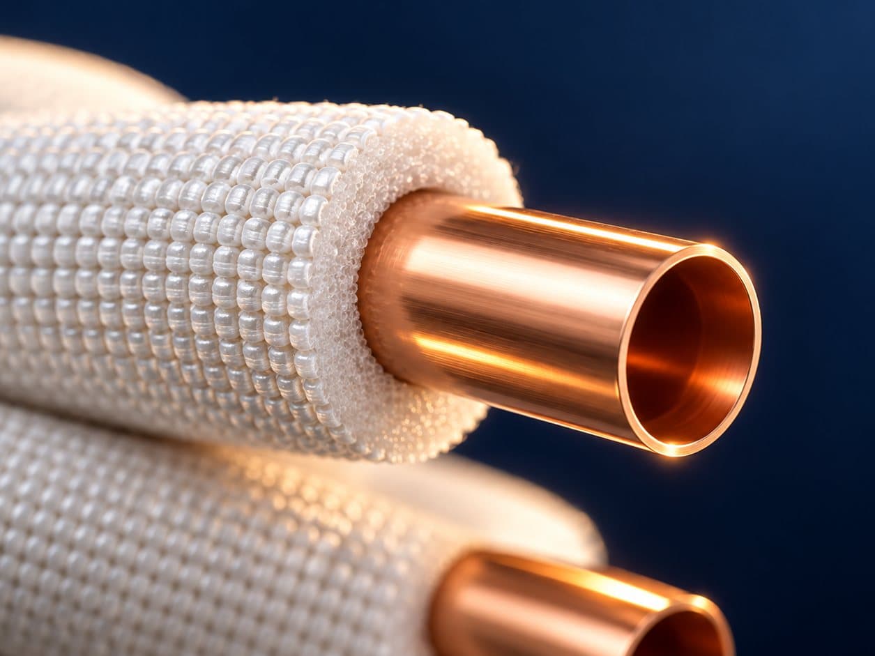 Close-up of a copper pipe end inside its white insulation.